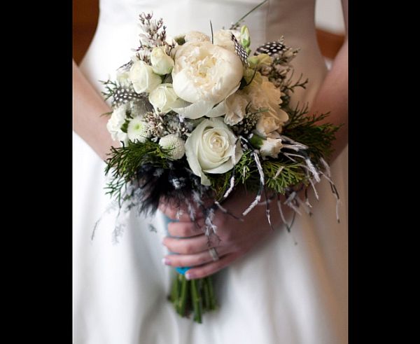 Rose and peacock feather bouquet
