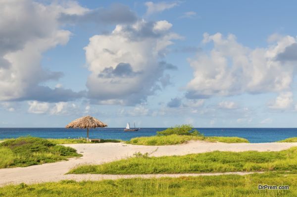 Tropical beach, sand, sea, palapas and sky