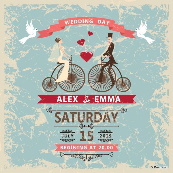 Retro wedding invitation.Bride, groom,decor elements