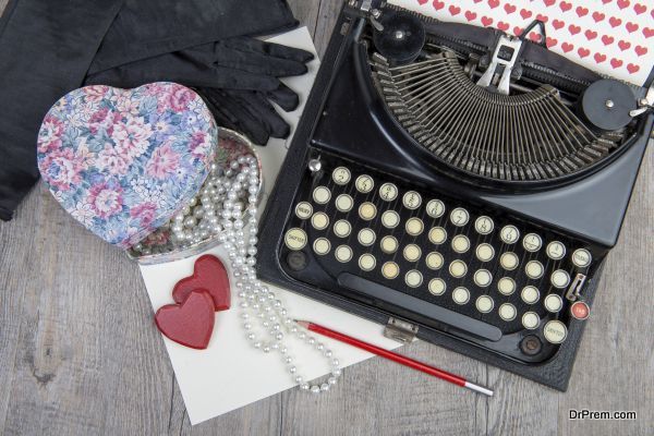 Gift, hearts and typewriter for Valentine's day