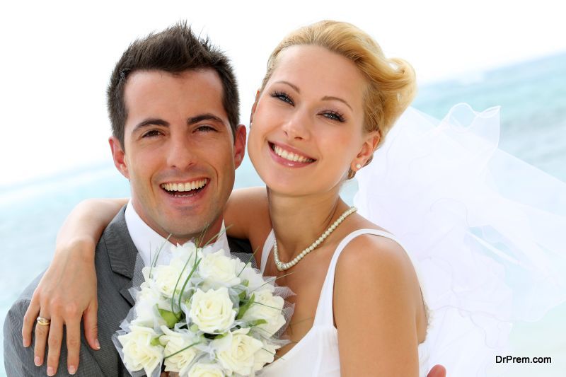 marrying couple is refrained from smiling
